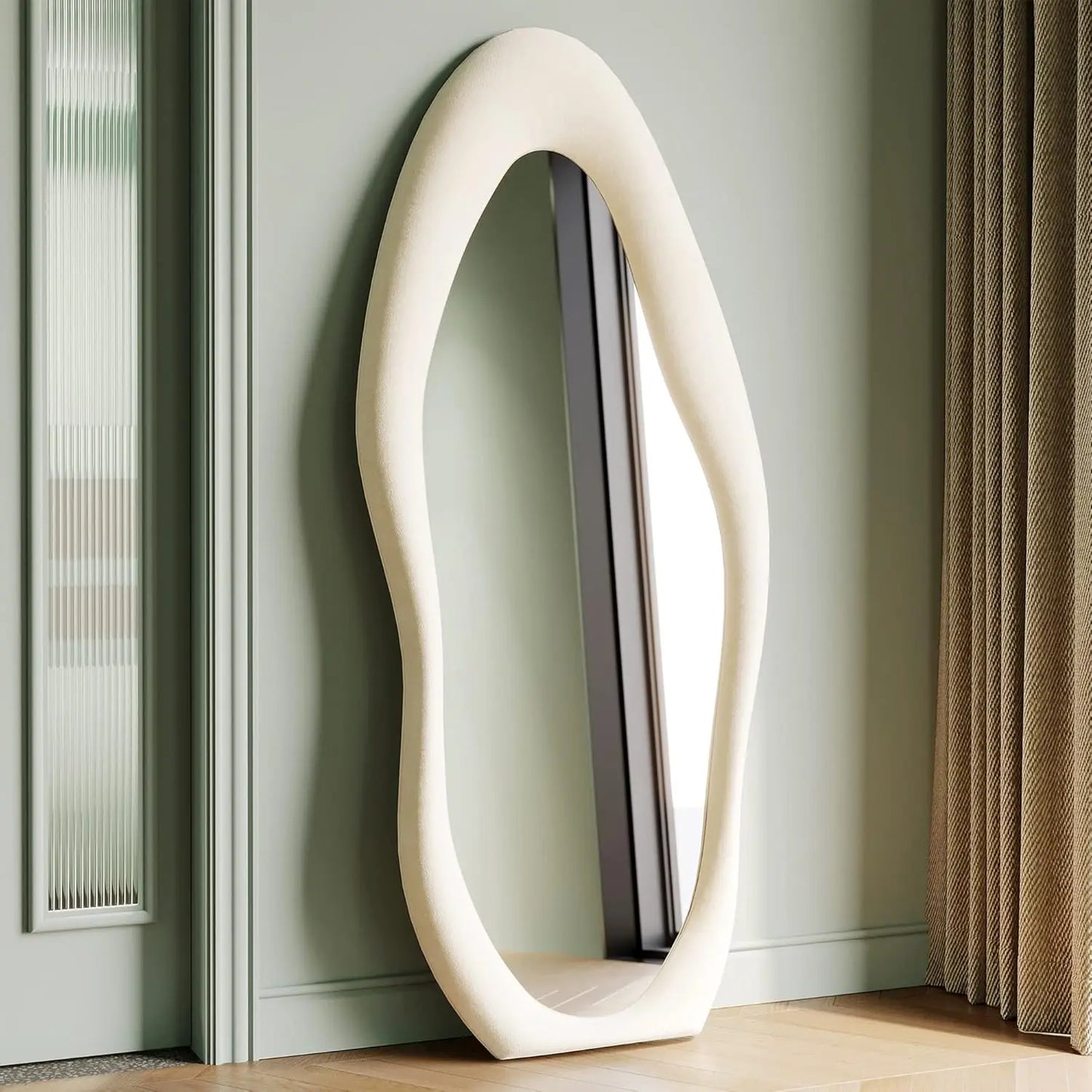 63x24 inch full-length mirror, irregular wave mirror hanging or leaning against the wall in the dressing room/bedroom
