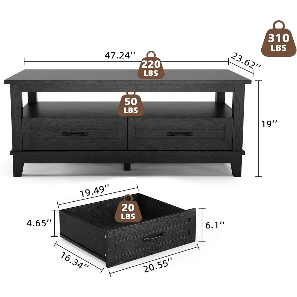 Rustic Farmhouse Coffee Table With Drawers And Open Shelf