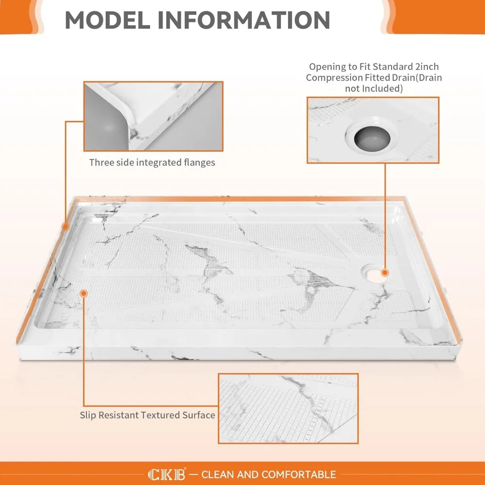 60 in L X 30" W Shower Base, Single Threshold, Right Drain with Slip Resistant Textured Surface, Shower Base