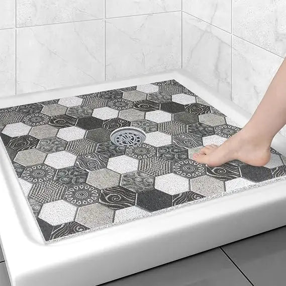 Square Shower Mat Non Slip: 31x31 Inch Extra Large Shower Floor Mat with Drain Hole in Middle - Soft PVC Loofah Bath Mat for Sho