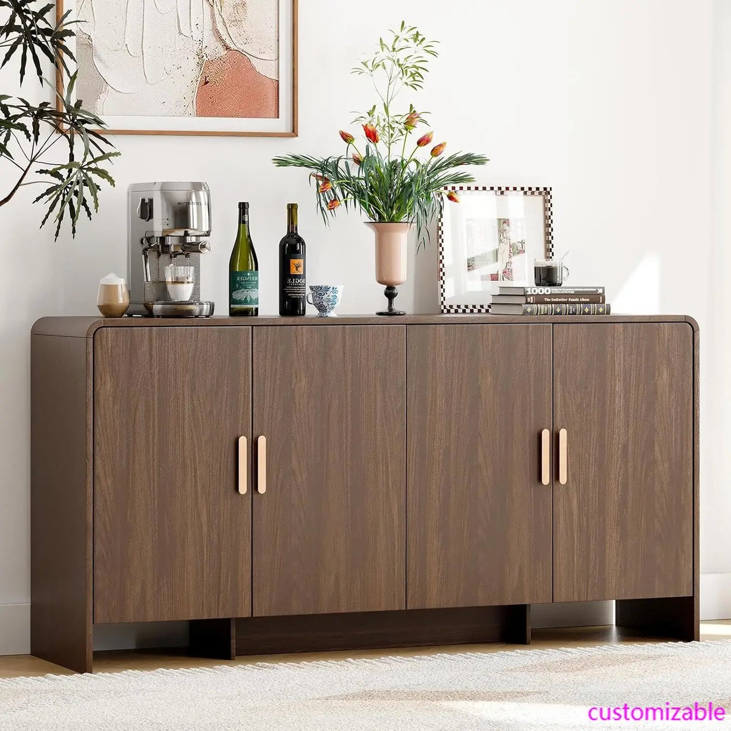 60" Sideboard Buffet Cabinet with Storage, Curved Design Farmhouse Coffee Bar Cabinet with 4 Doors & Adjustable Shelves