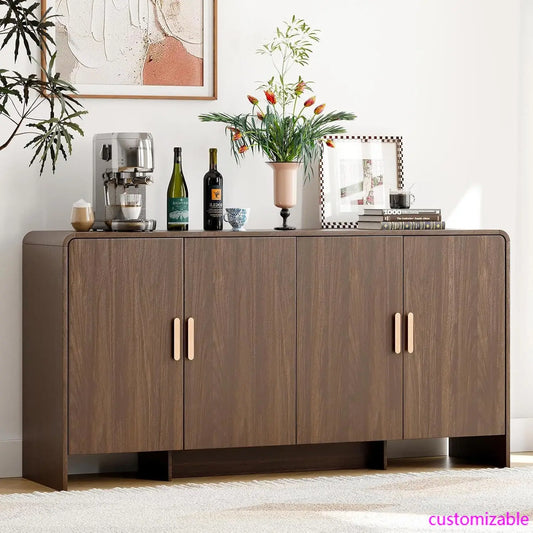 60" Sideboard Buffet Cabinet with Storage, Curved Design Farmhouse Coffee Bar Cabinet with 4 Doors & Adjustable Shelves