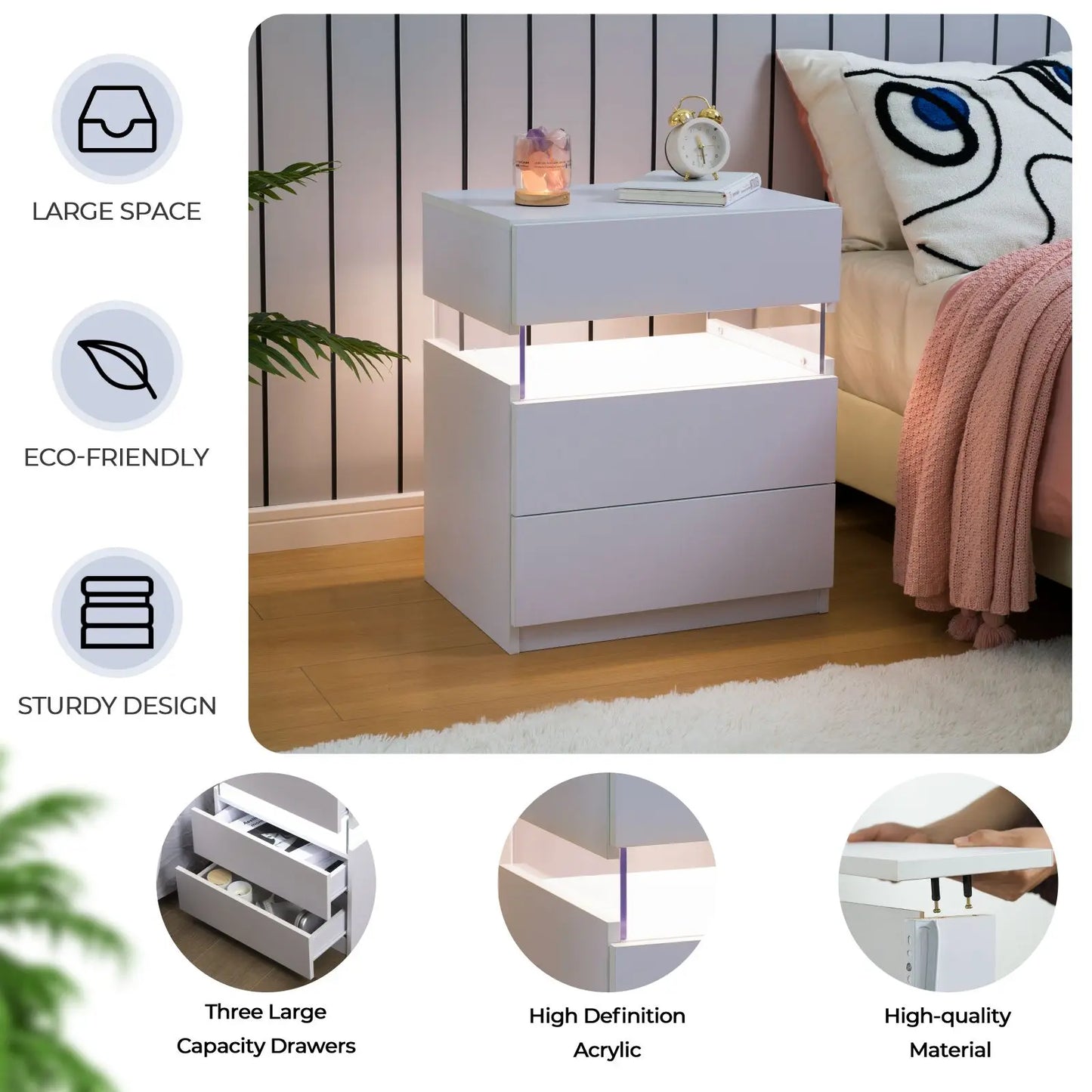 Cubehom Bedside Tables 2Pack With LED Lighting And 3 Drawers