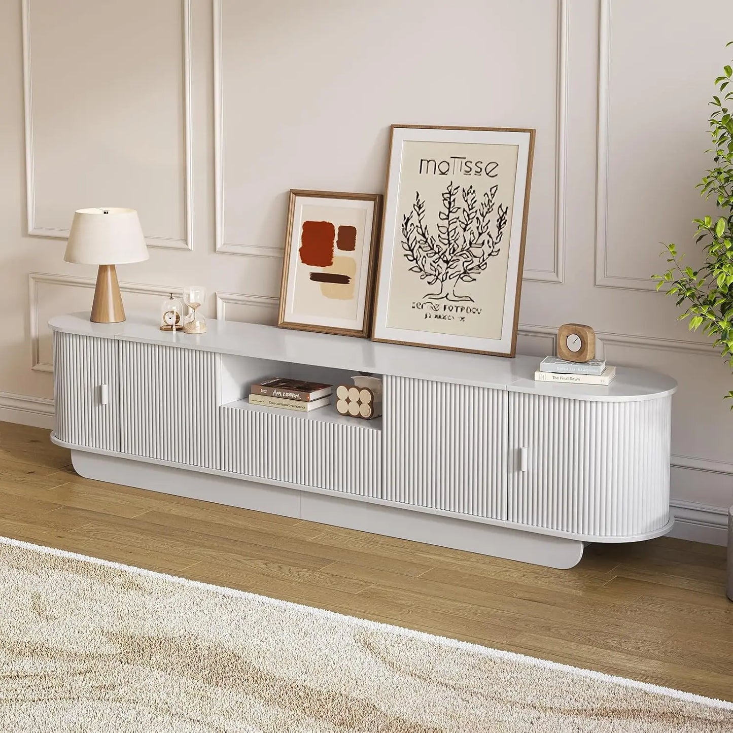 86.61'' Tambour TV Stand for 55-85 Inch, Modern Entertainment Center with Large Storage Cabinet & Open Shelves, TV Console