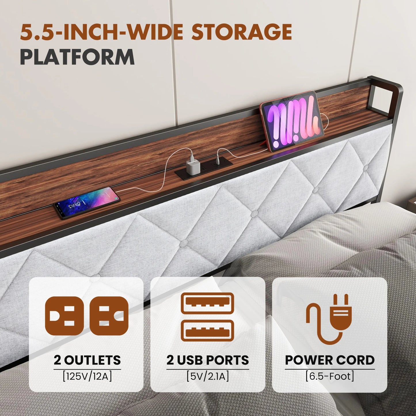 JHK King Size Metal Bed Frame With Storage And Charging Station, Heavy Duty 1100 Lbs Capacity, Easy Assembly, Headboard