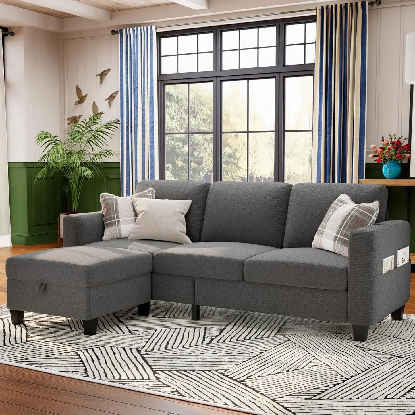 Sectional Sofa Couches for Living Room - 78''L Shaped Beige CoucLinen-Pet Friendly Modular 3-Seater Convertible Sofas-Washable