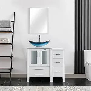 36" Modern Bathroom Vanity Sink Combo White W/Small Side Cabinet Turquoise Square Glass Vessel Sink & Water Save Faucet & Pop U