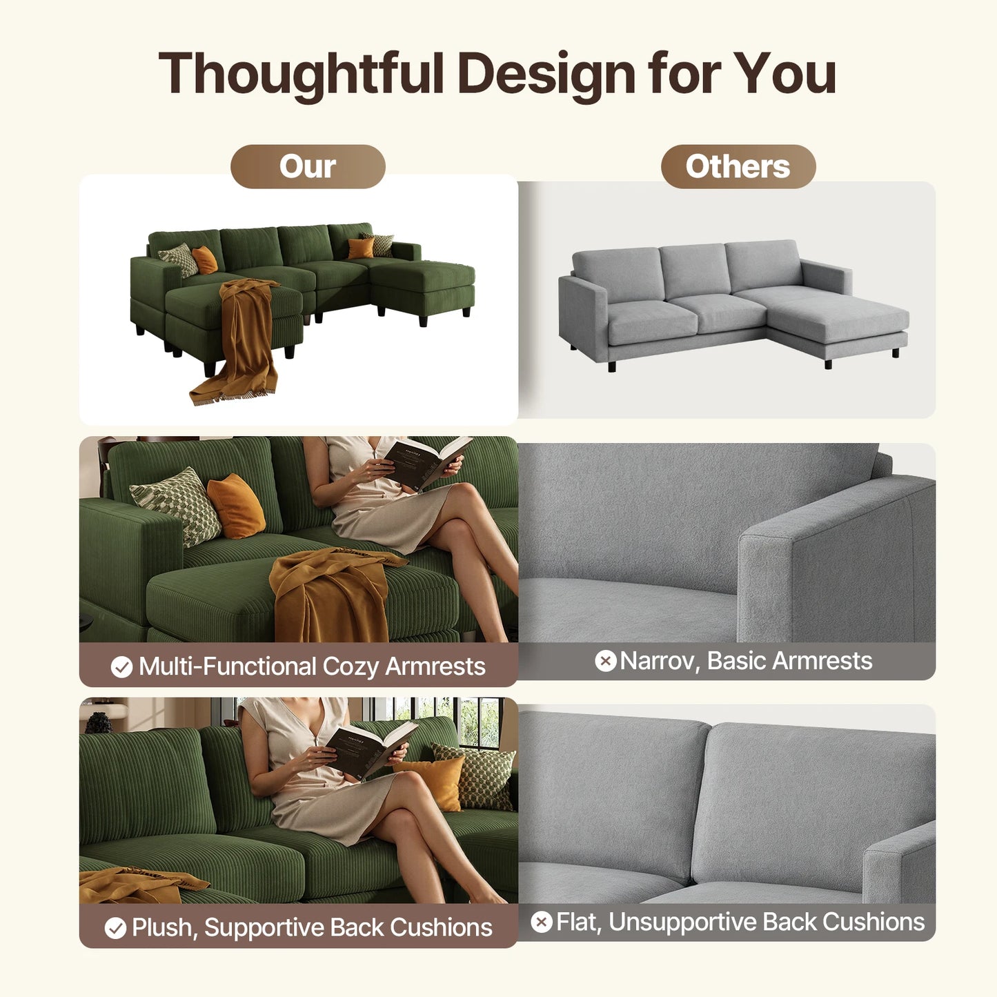 QWCCN Corduroy U Shape Sectional Sofa With Ottomans