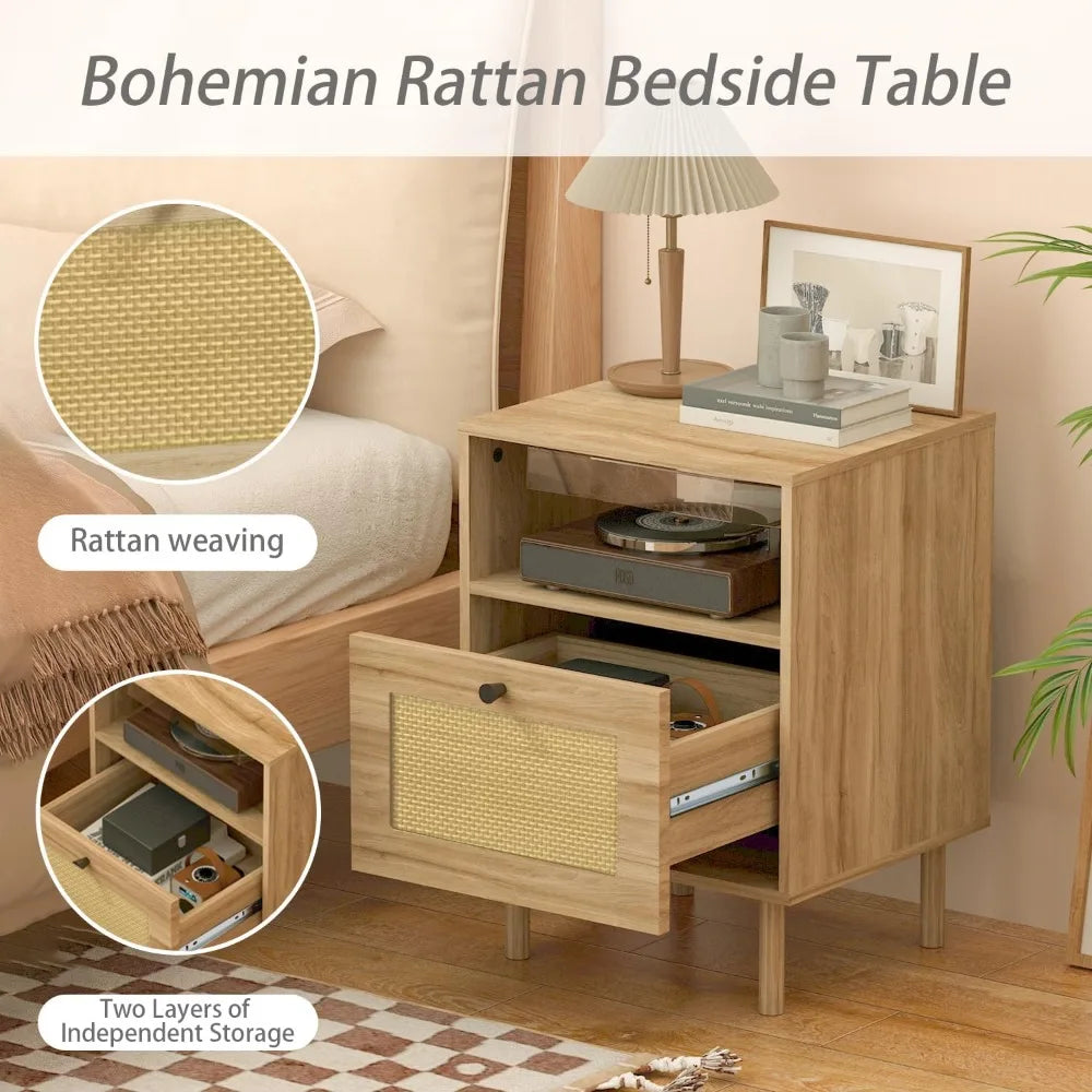 MKDK Rattan Nightstand With Storage Drawer Open Shelf