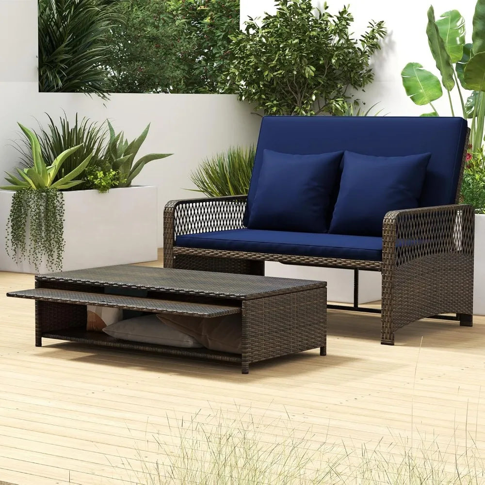 Patio Adjustable Wicker Daybed, Rattan Loveseat & Storage Ottoman w/ 4-Level Backrest & Soft Cushions, Space-Saving 2-Person Su