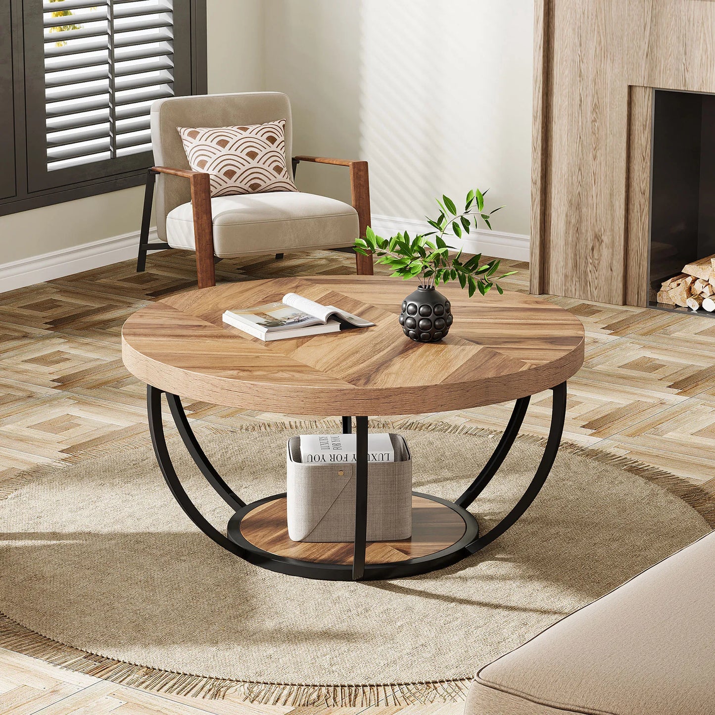 Tribesigns Round Coffee Table With Two Tier Storage Shelves
