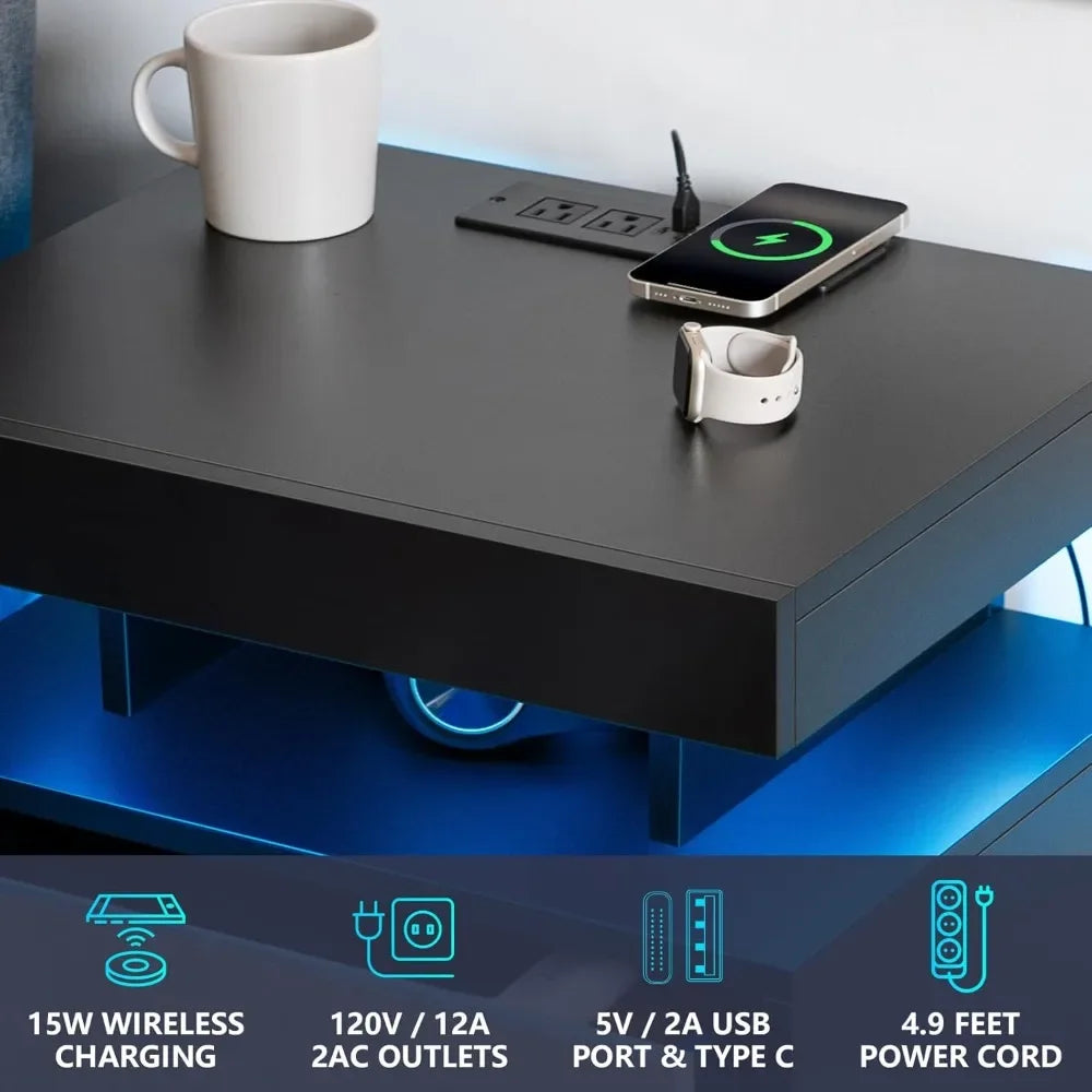 GUANGBAI LED Nightstand With Wireless Charging USB Ports