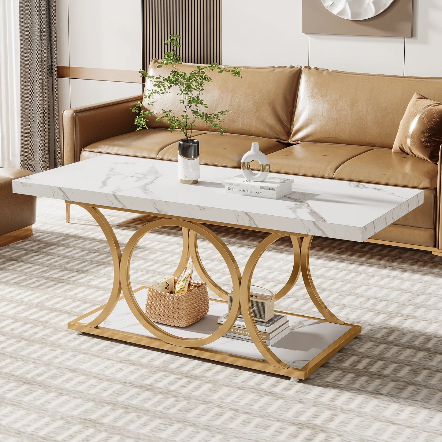 Tribesigns Faux Marble Coffee Table With Geometric Frame