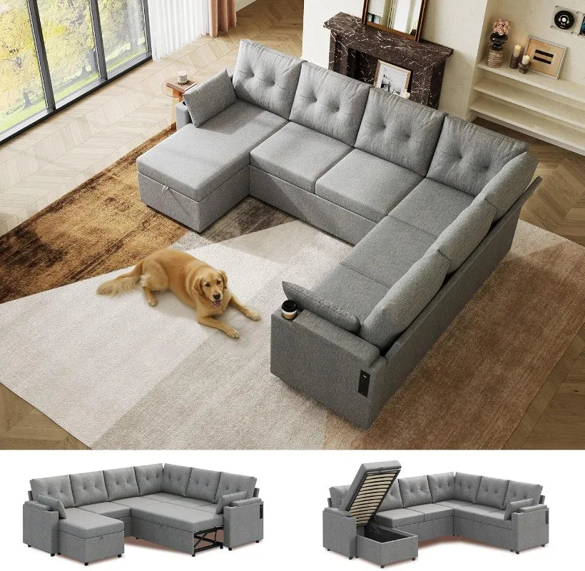 U Shape Sectional Sofa With Storage Chaise And Sleeper