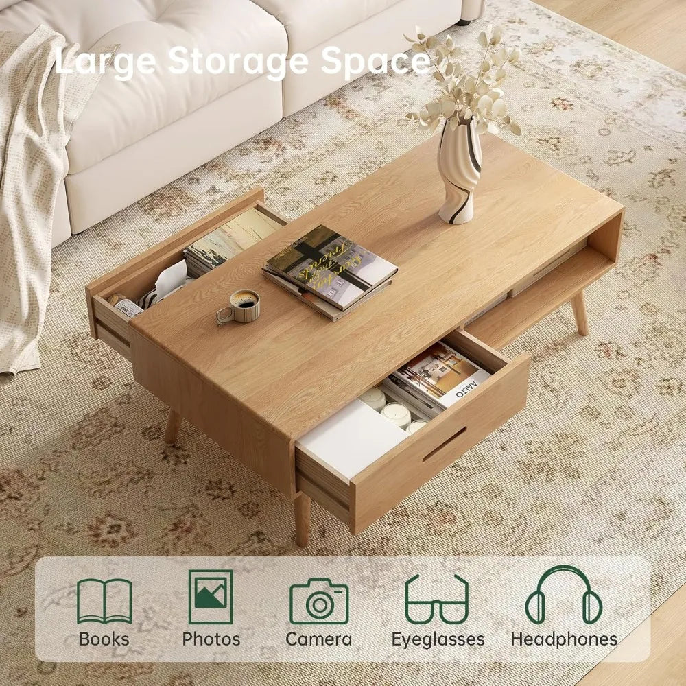 Oak Co Solid Wood Coffee Table With Storage And Drawers
