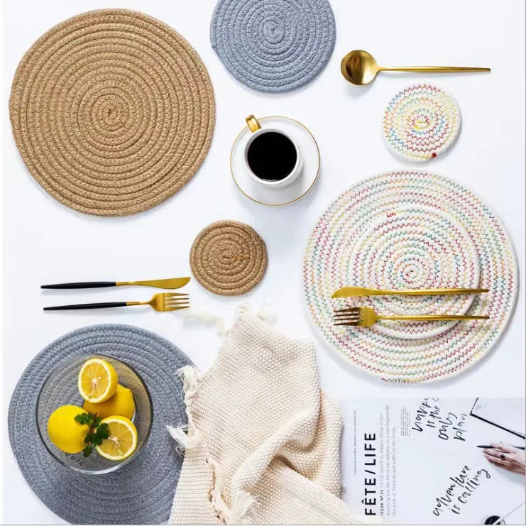 HeMu Round Woven Cotton Dining Table Mat Thermal Insulation Mat Household Anti Scalding Tea Cup Mat Circular Dish Mat