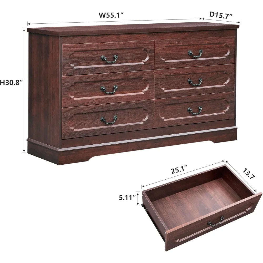 6 Drawer Dresser for Bedroom Farmhouse Cherry Tall Wood Chest of Drawers for Bedroom Dresser, Modern Rustic 55 Wide Drawer