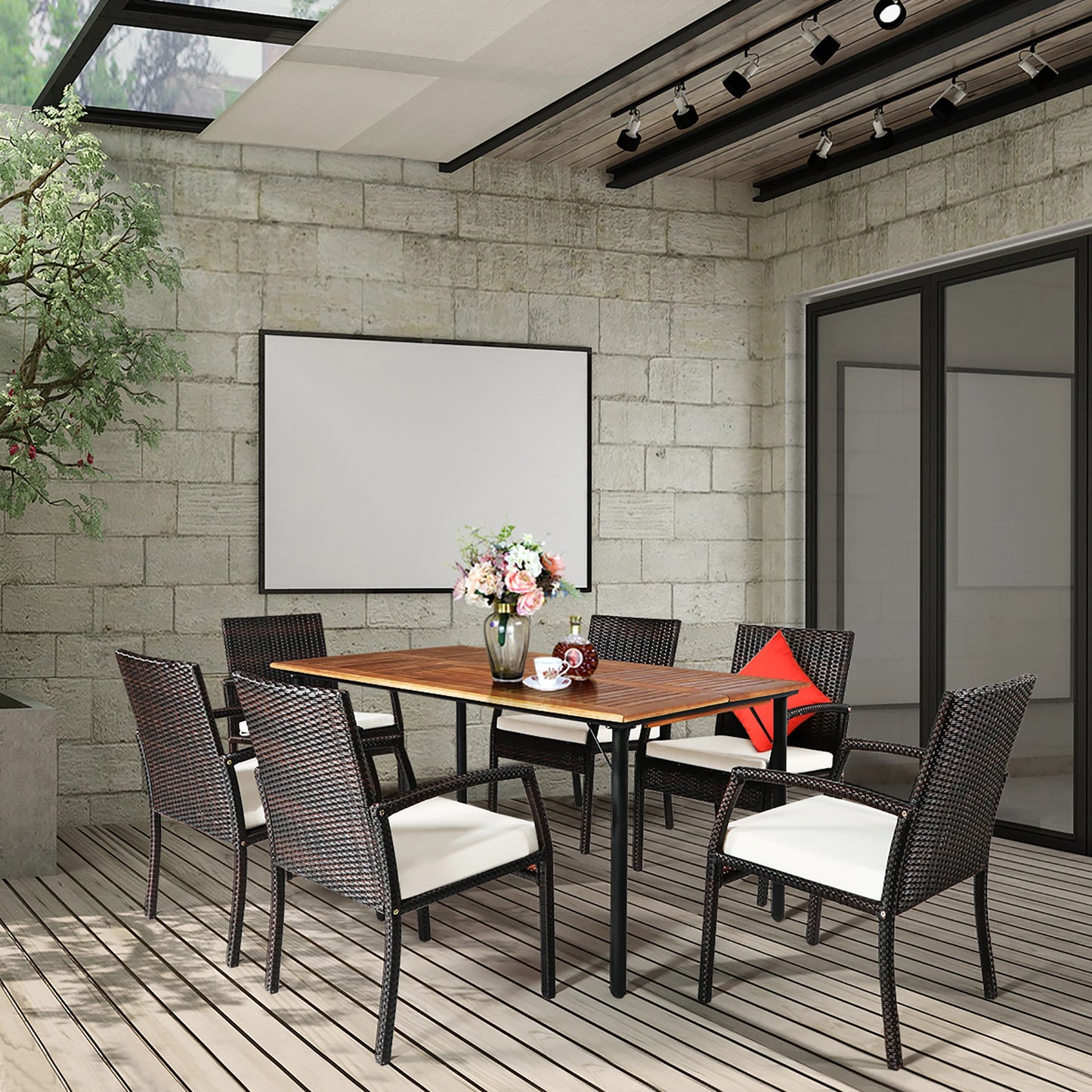 HOMASIS Patio Rattan Dining Set With Umbrella Hole