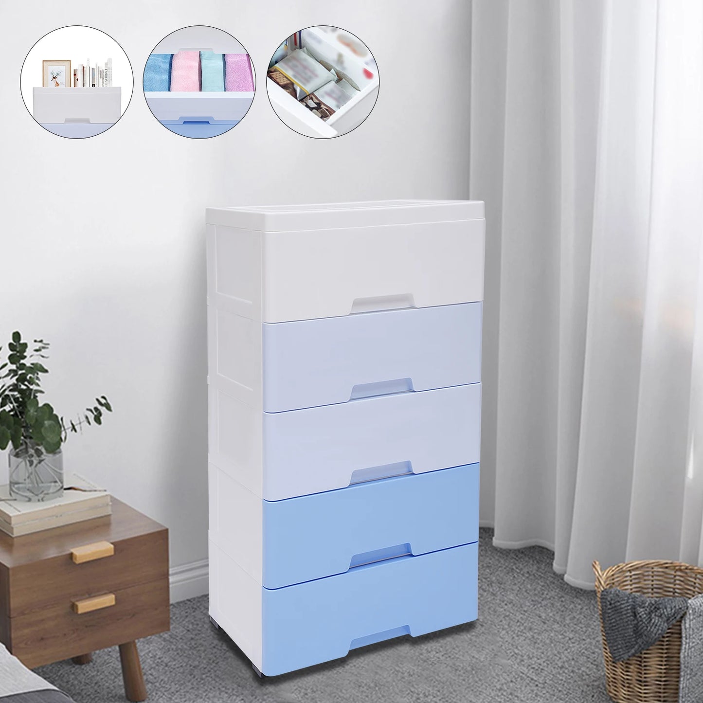 Plastic Drawers Dresser Storage Cabinet 5 Drawer Stackable Vertical Clothes Storage Tower, Bedroom Tall Small Chest Closet
