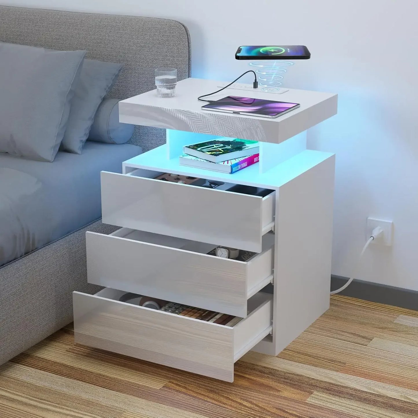 GUANGBAI LED Nightstand With Wireless Charging USB Ports