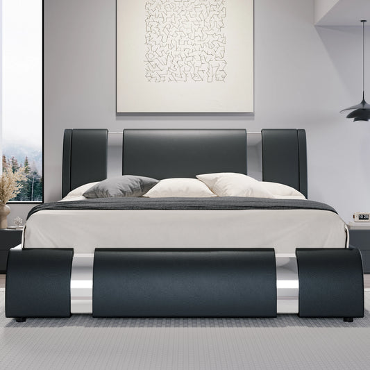 HOOMI Modern Faux Leather Bed Frame With Iron Decor