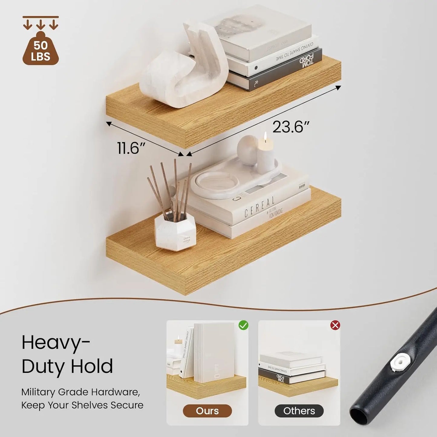 Oak Wood Floating Wall Shelves Set of 2