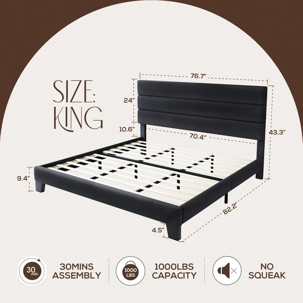Huanzhuang Velvet Headboard Platform Bed Frame With Slats