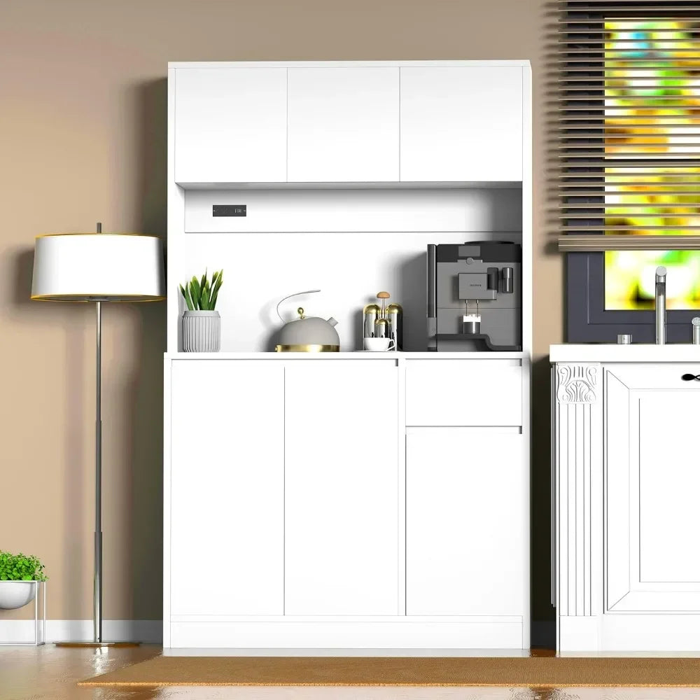 71" Tall White Kitchen Pantry Cabinet,Kitchen Pantry Storage Cabinet with Power Outlet,Freestanding Kitchen Hutch w/ countertop