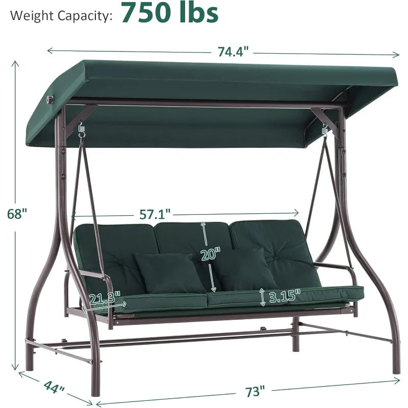 3-Seat Outdoor Patio Swing Chair, 2-in-1 Convertible Porch Swing Glider Chair with Removable Cushions, Adjustable Canopy