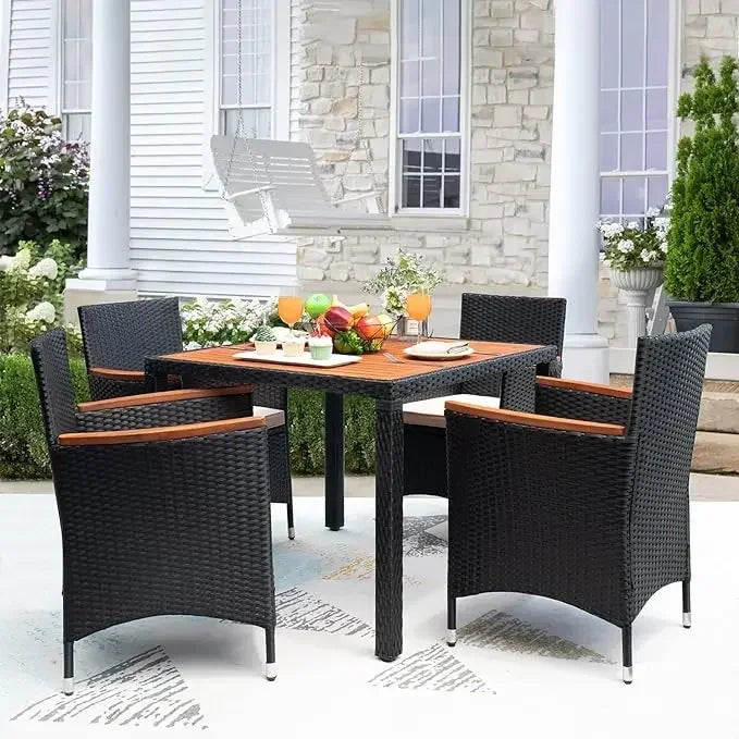 Acacia Wood Top Patio Conversation Set With Rattan Table And Chairs
