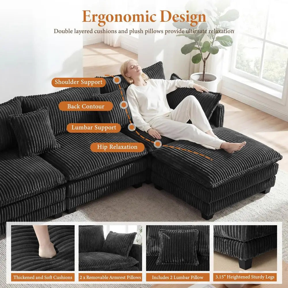 L Shaped Modular Sectional Couch Corduroy Upholstered Living Room Sofa