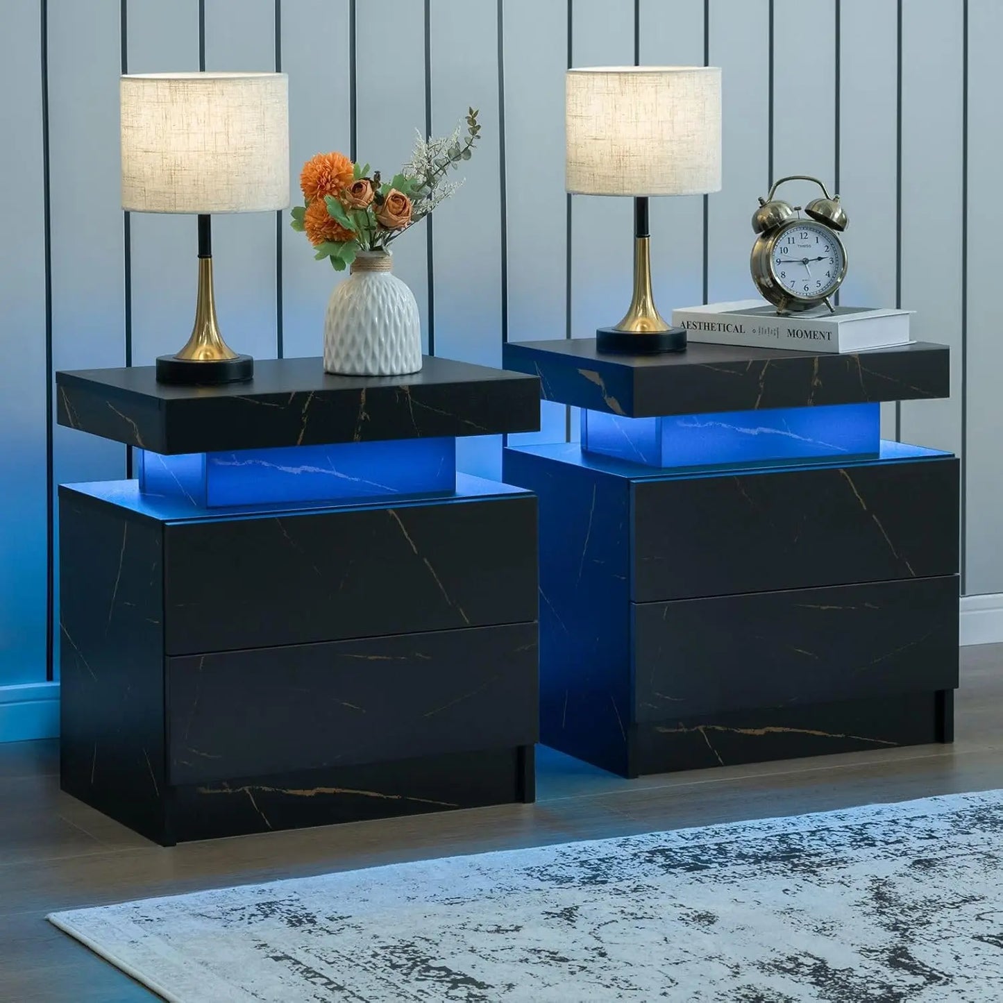 Drawer LED Nightstand Set Of 2 With 2 Drawers Bedroom