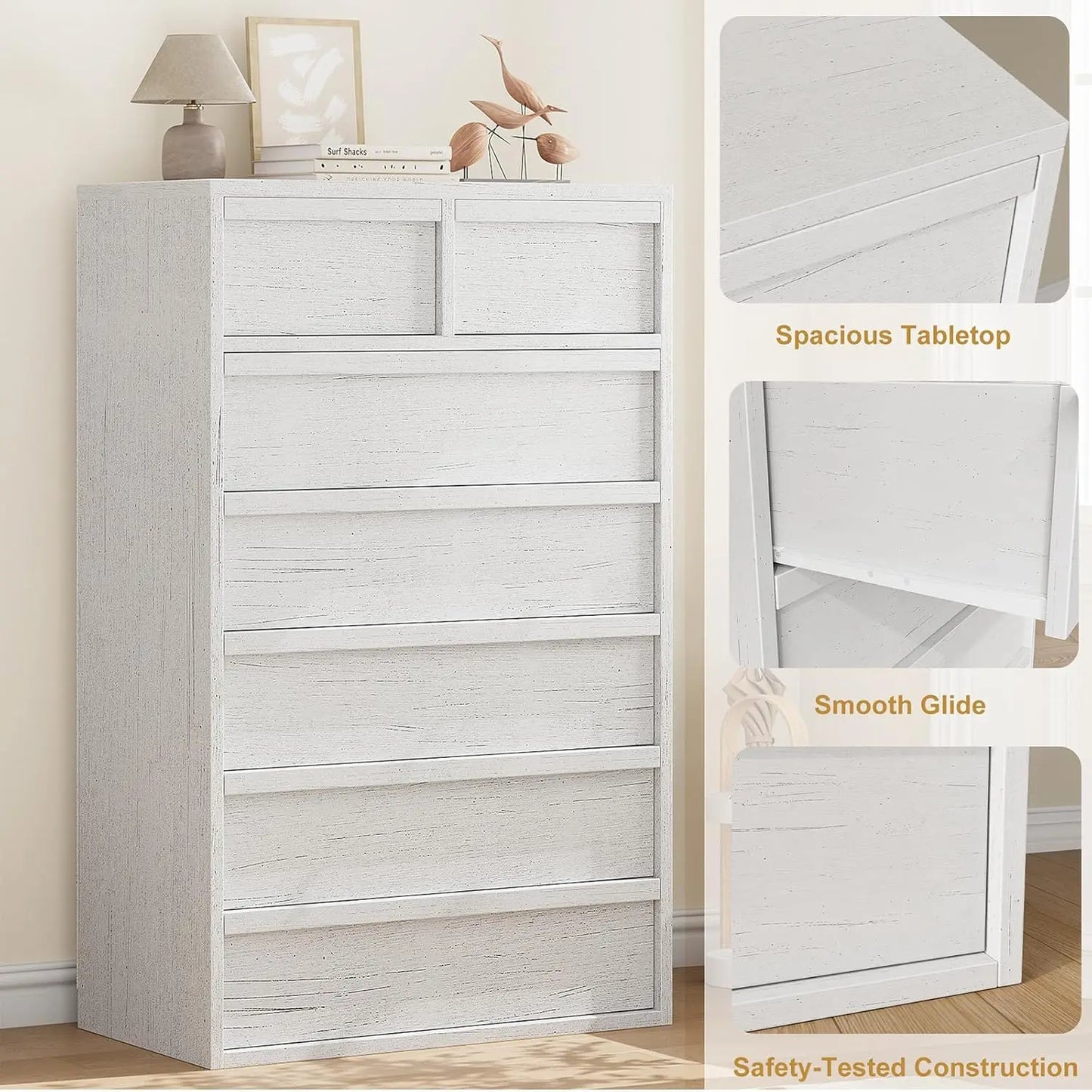 7 Drawer Dresser for Bedroom, 46" Tall Modern 7 Chest of Drawers with Large Storage Space, Wooden Dresser Organizer