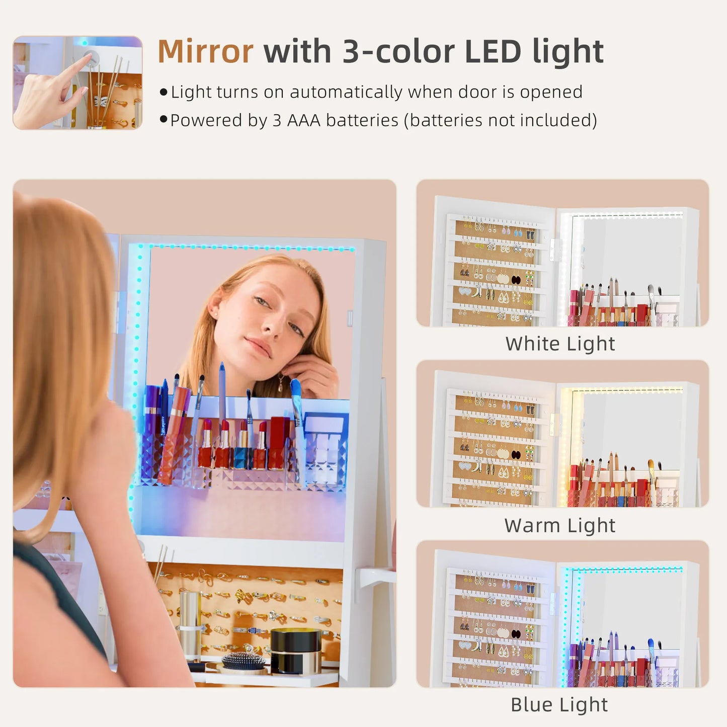 Full Length Mirror with Jewelry Storage, 360° Rotating Jewelry Armoire Organizer with Lights, Lockable Mirror Jewelry Cabinet