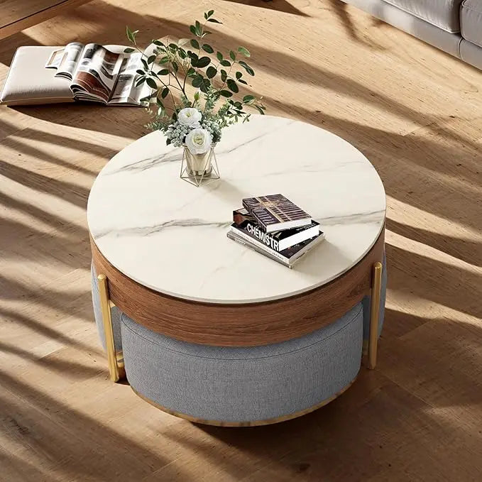 32 "coffee table set, round marble coffee table with storage and nested footstool, modern functional living room furniture set