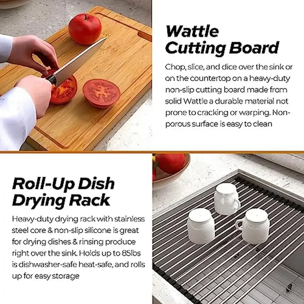 36" Undermount Kitchen Sink Stainless Steel Single Bowl Integrated Ledge and Accessories Included Deep Large Capacity Quiet