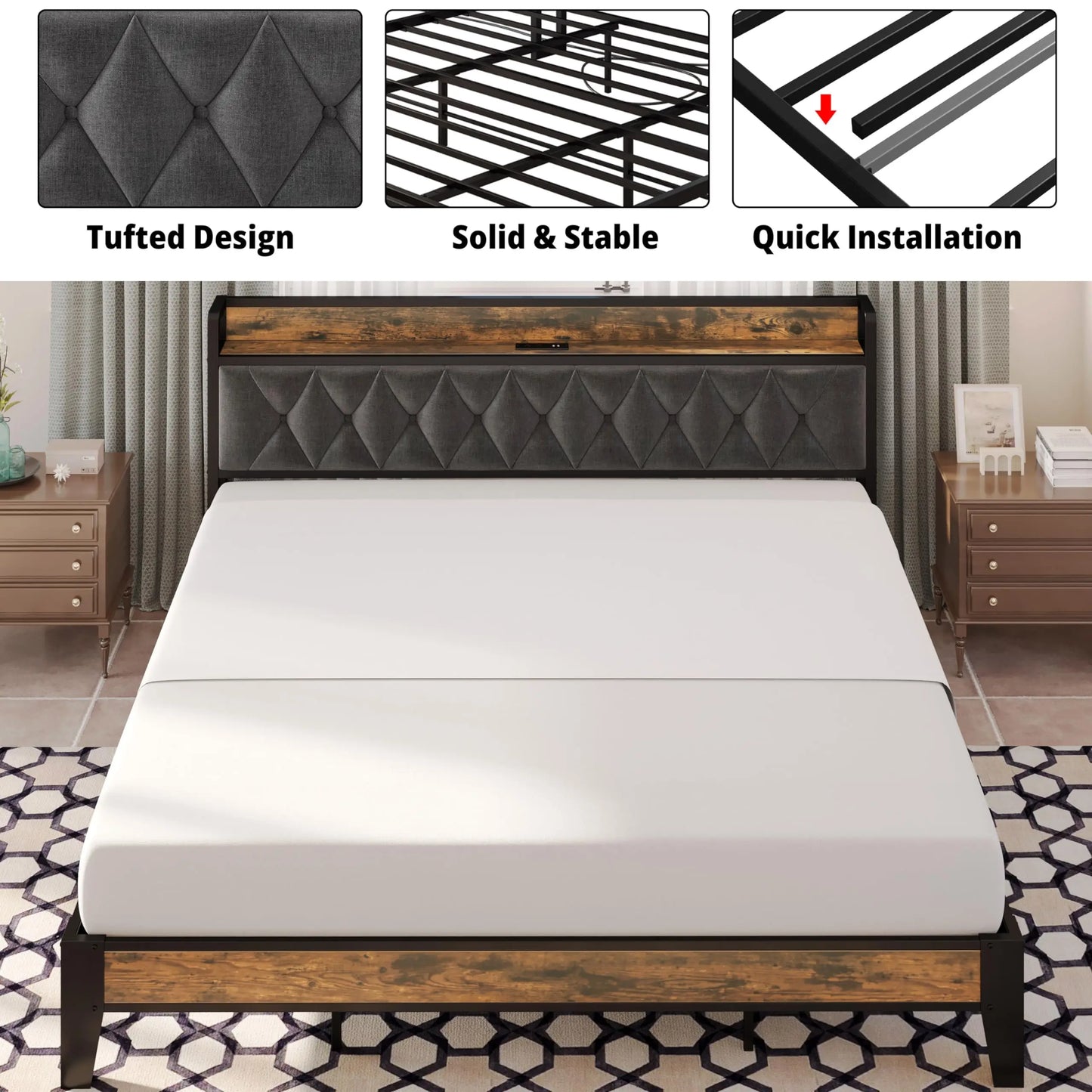NONECN Bed Frames With Storage Headboard And Outlets
