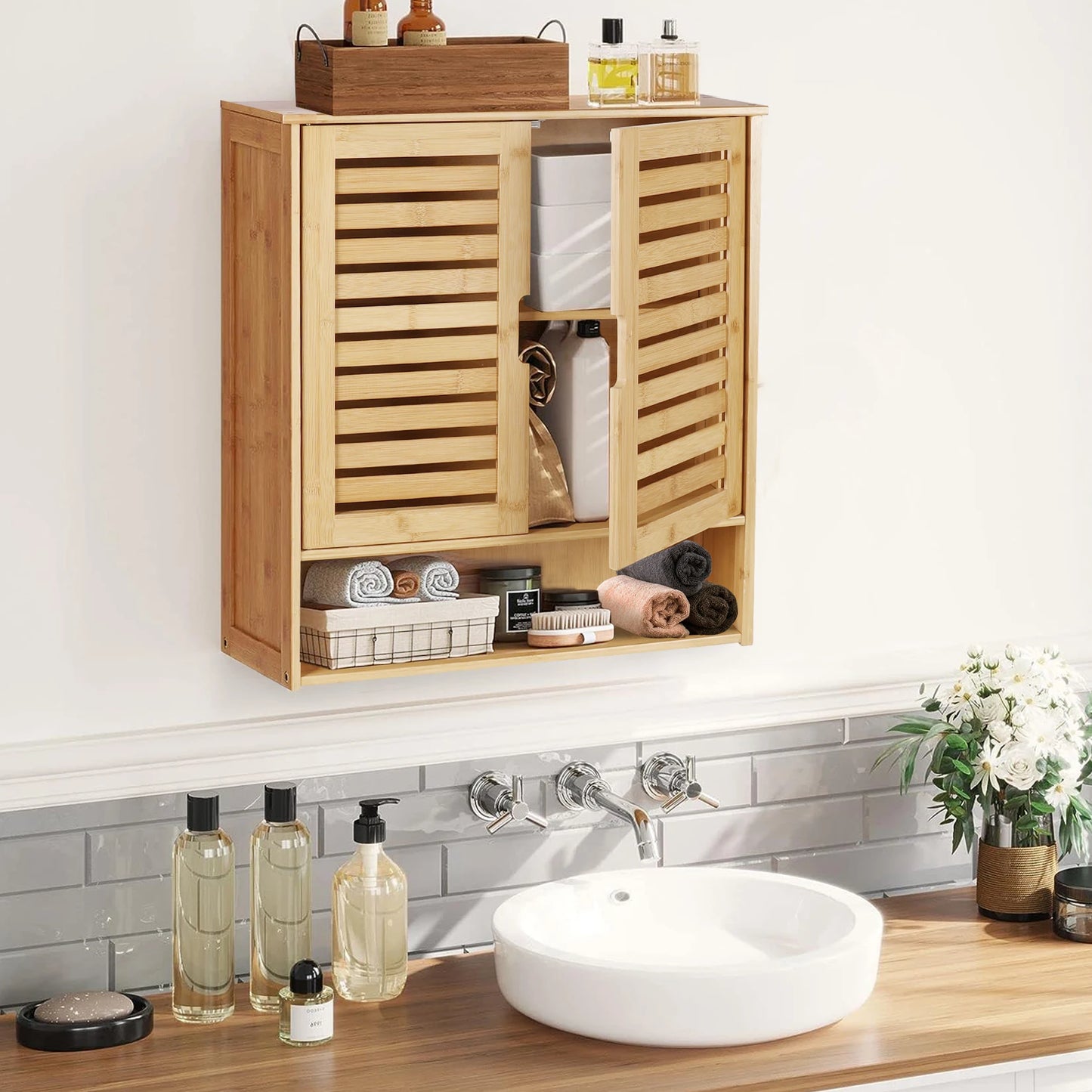 Wisfor Wall Mounted Bamboo Bathroom Cabinet Storage Shelf