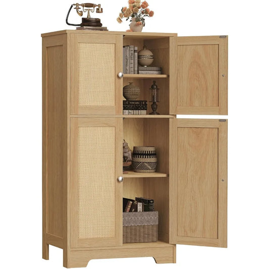 Rattan Door Storage Cabinet with Adjustable Shelves for Bathroom and Living Room