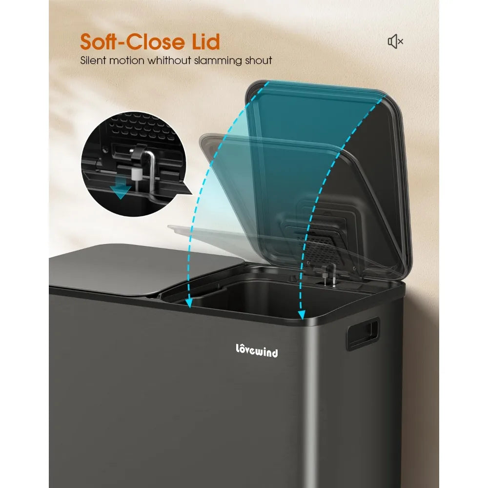 Trash Can, 2 x 10.5 Gallon (2 x 40 L) Garbage Can for Kitchen Dual Compartment Recycling Kitchen Step Trash Bin, Stainless Steel