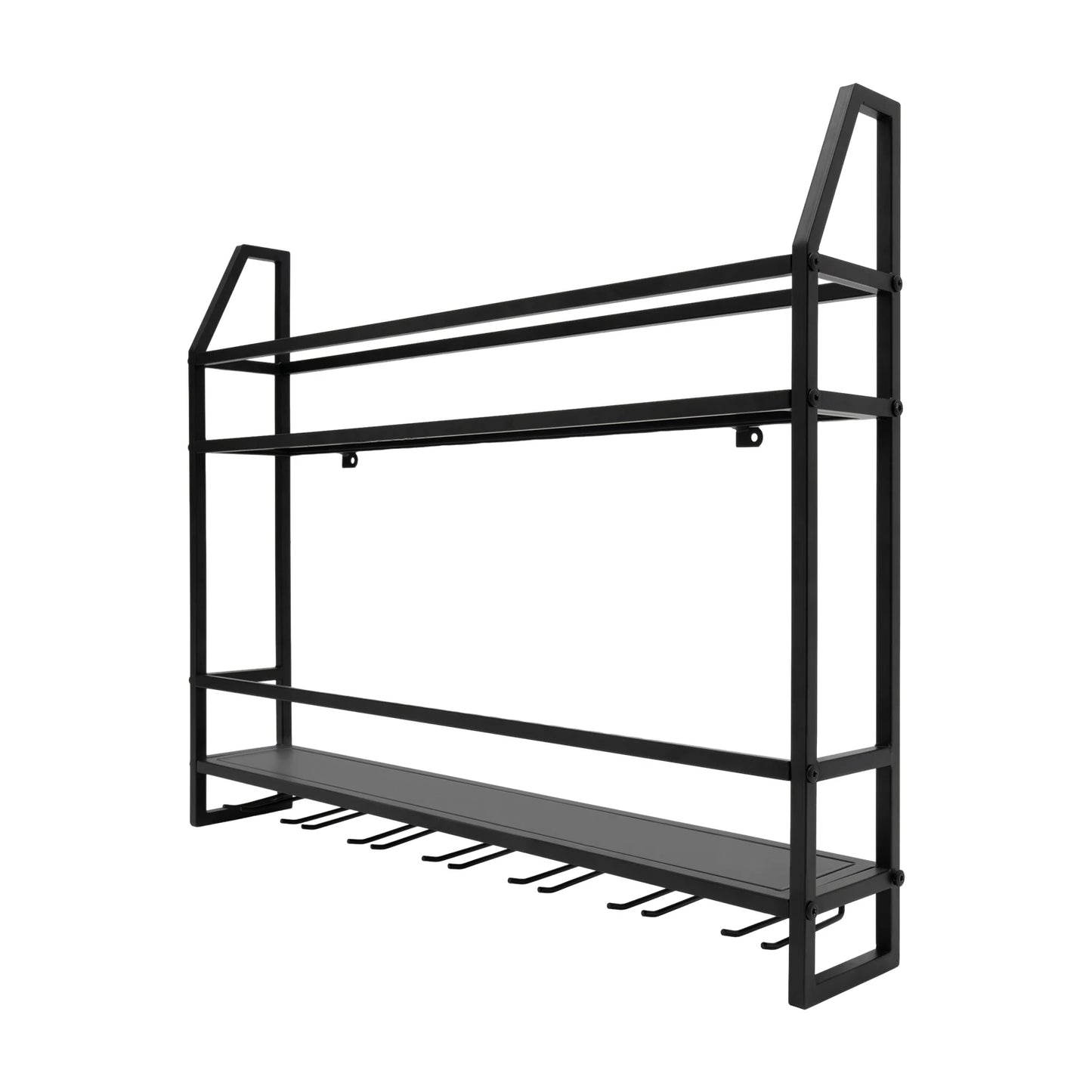 Wall Mounted Wine Rack Glass Holder 12 Bottles 7 Goblet Metal Shelf 2 Layer for Home Bar, 80cm Black