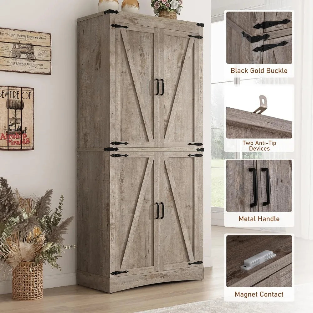 71" Tall Kitchen Pantry,Farmhouse Storage Cabinet with Adjustable Shelves,Load-Bearing Steel Pipe,Farmhouse Pantry Cabinet with