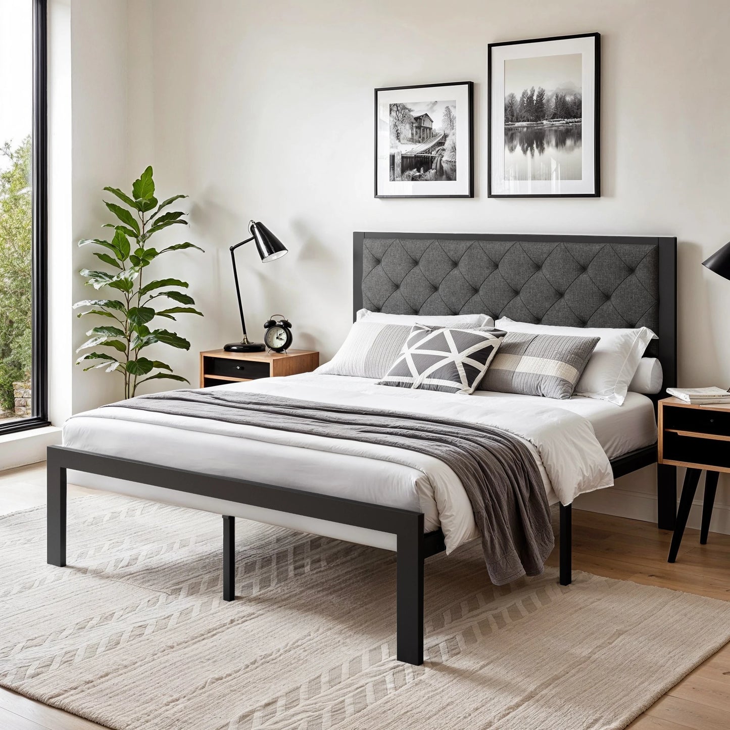 HOOMIC Metal Bed Frame With Upholstered Headboard In Linen Fabric Sturdy Foundation No Box Spring Needed