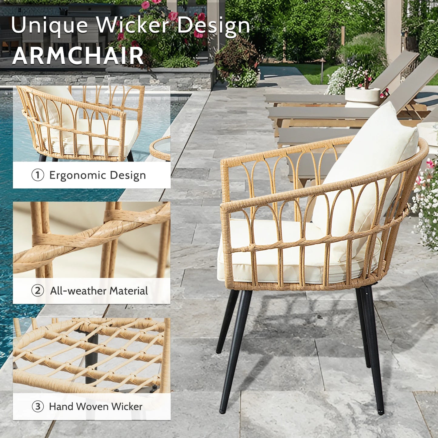 SEOGWISAM 3 Piece Outdoor Patio Wicker Chairs Cushions Table Set