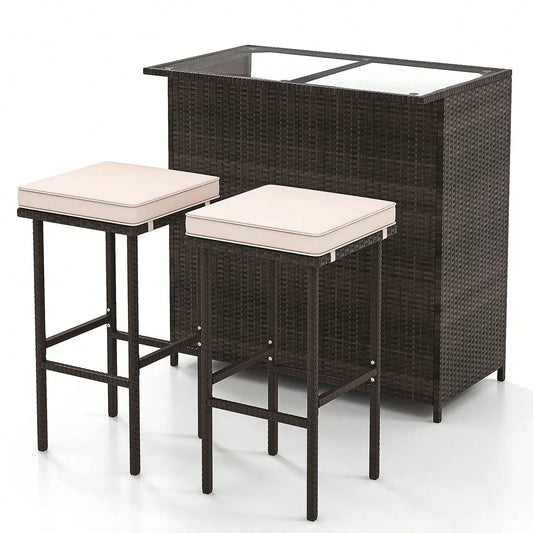 Three-Piece Outdoor Patio Bar Set with Wicker Table and Stools