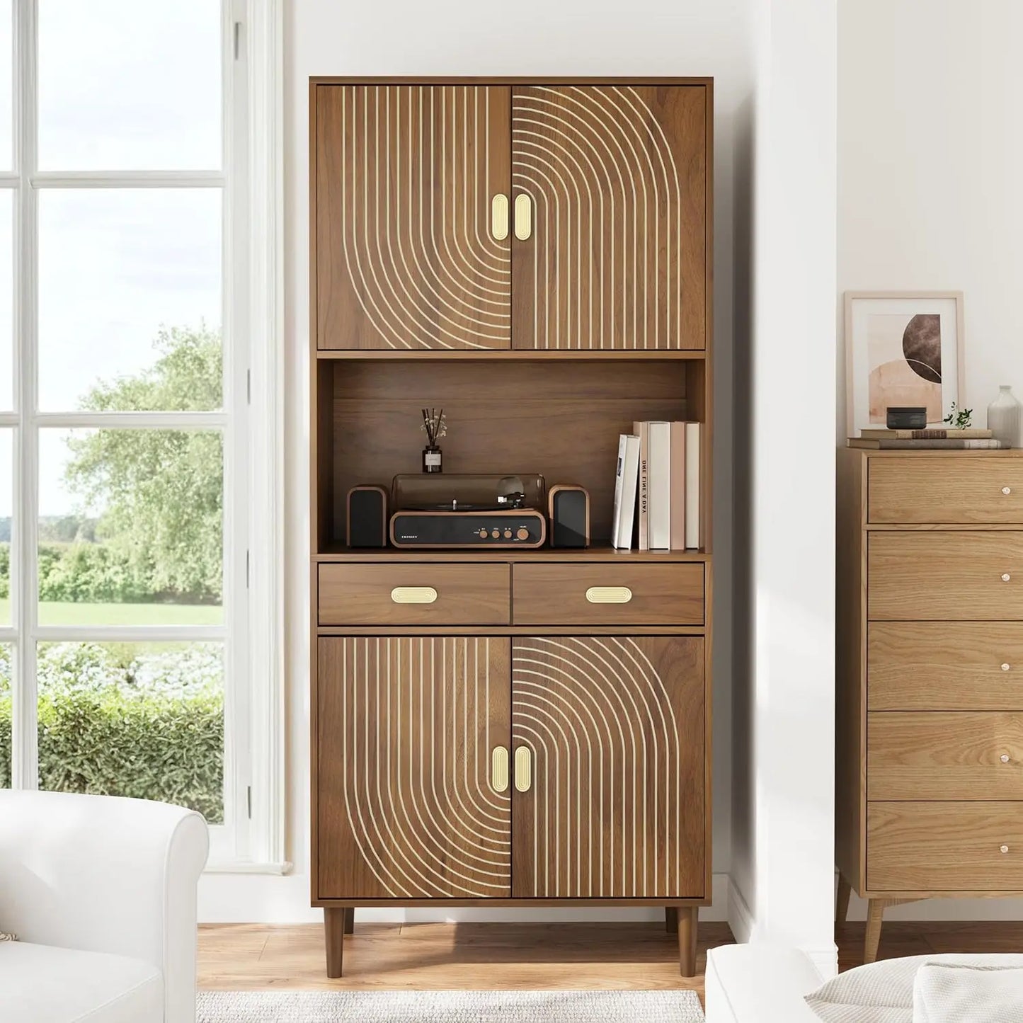 Chengwei Tall Kitchen Pantry Cabinet With Grooved Doors And Drawers