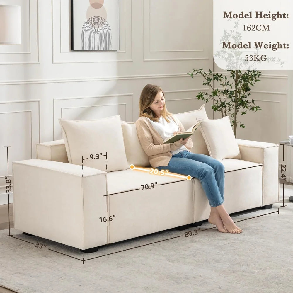 89.3'' Modern Sofa Couches for Living Room, 3 Seater Cloud Couch with Deep Seat, Comfy Couch with Extra Wide Armrests