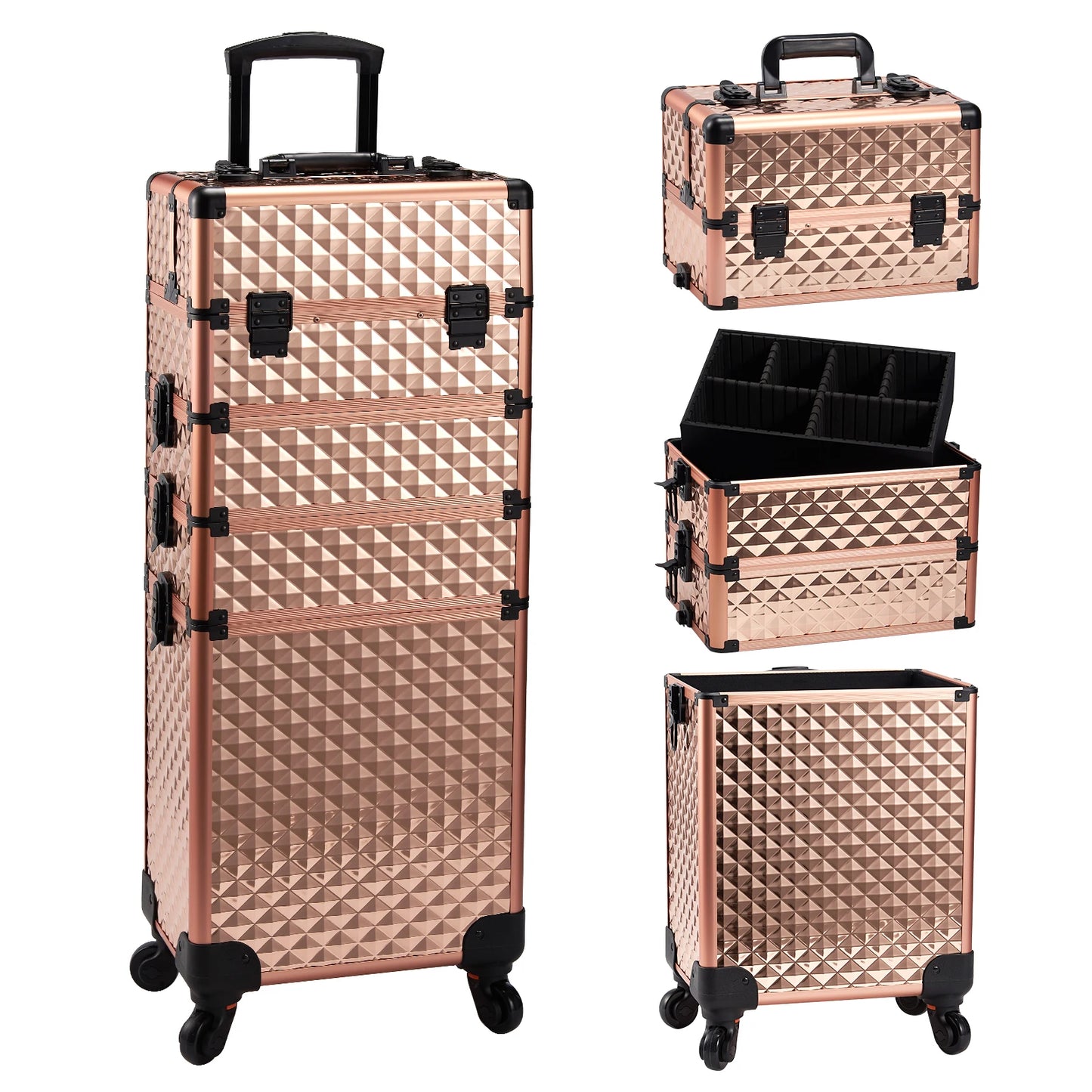 Detachable 4 In 1 Makeup Trolley Case On Wheels Alloy Frame With Lock For Nail Salon Manicure And Capacity Storage