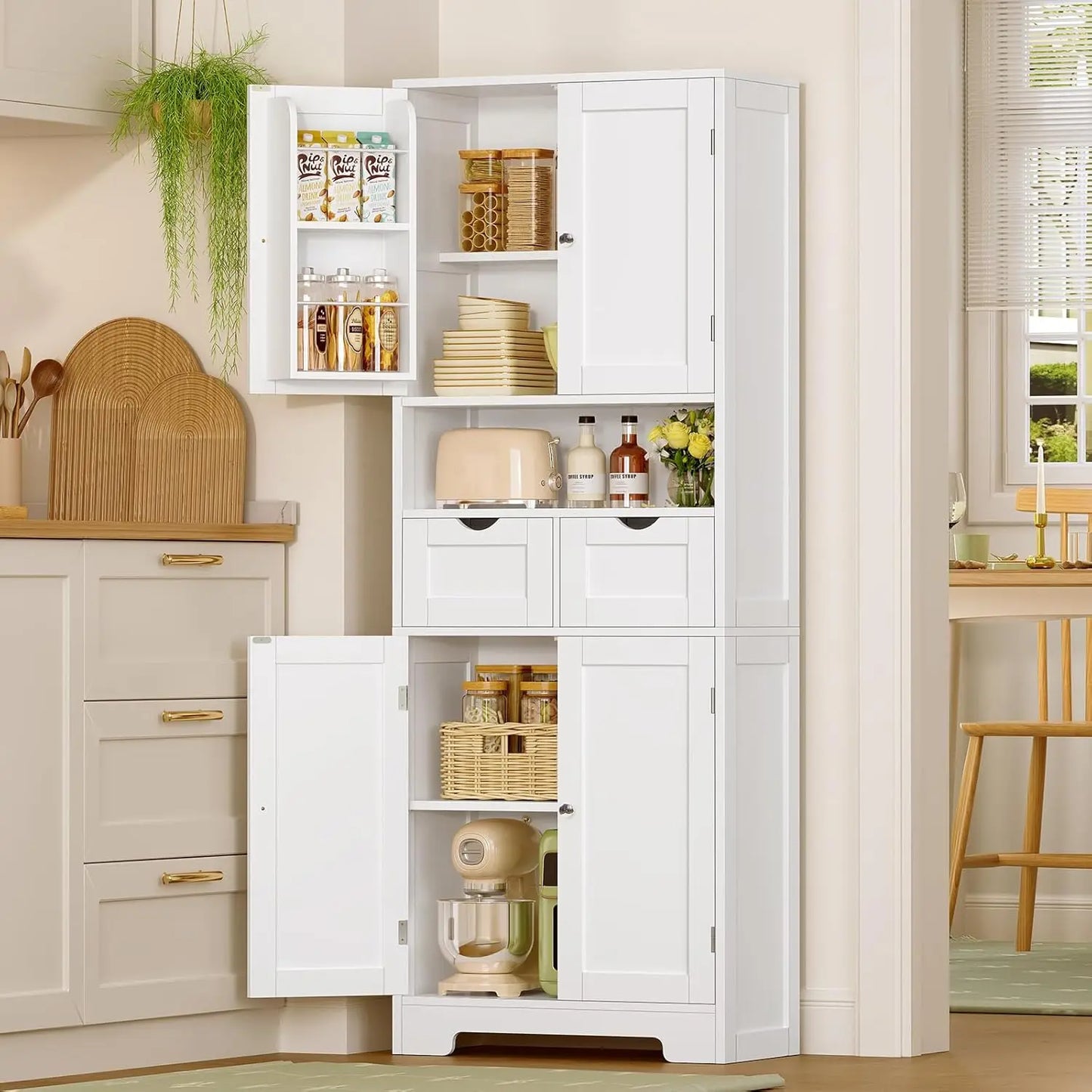 Kitchen Pantry Cabinet With Adjustable Shelves And Two Drawers