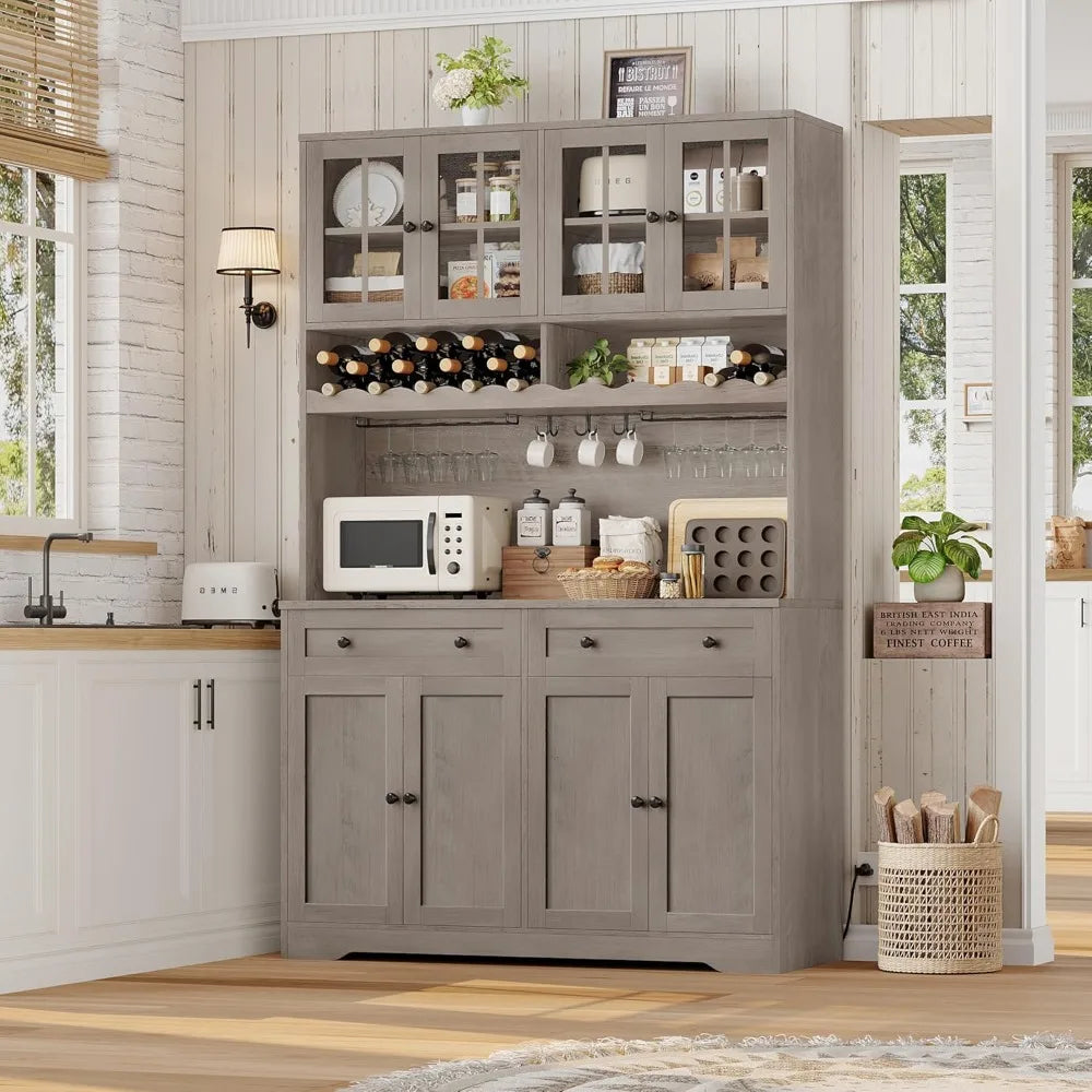 Tall Modern White Kitchen Pantry Cabinet with Charging Station, Microwave Stand, and Wine Rack